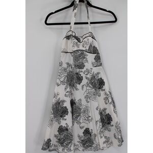 Ruby Rox Dress Womens 3 Black White Floral Halter Swing A-Line‎ Retro Style